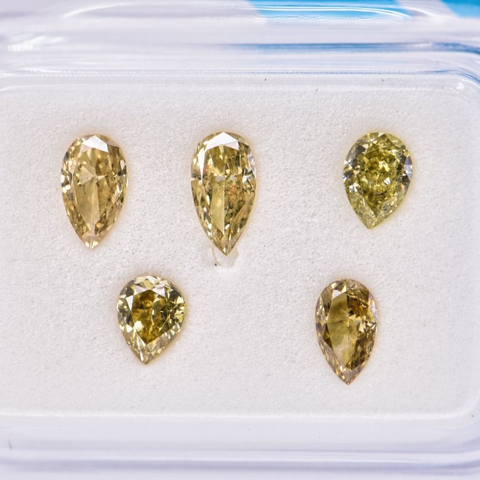 Ingen mindstepris - 5 pcs Diamant  (Naturfarvet)  - 1.06 ct - Pære - Fancy, Fancy deep Brunlig, Grønlig, Gul Brun, Gul - SI2 - International Gemological Institute (IGI)