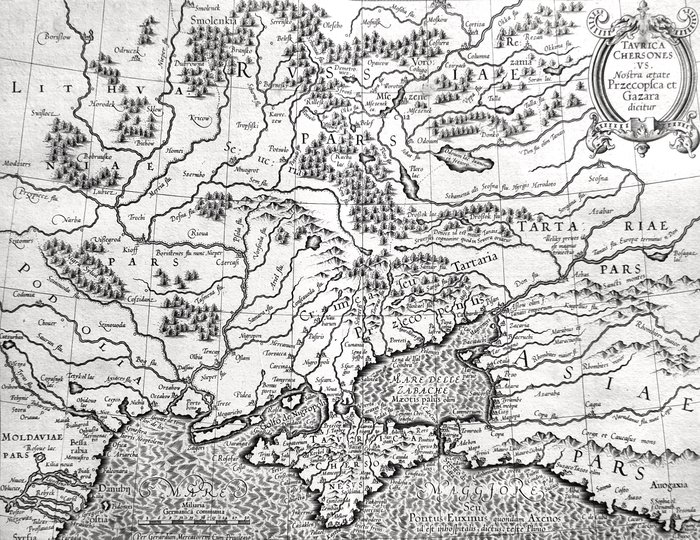 Europa - Kort / Ukraine / Krim / Moldova / Rumænien / Rusland / Donau / Sortehavet; Gerardus Mercator / Jodocus Hondius - Taurica Chersonesus or Crimea Peninsula and Ukraine Map - 1581-1600