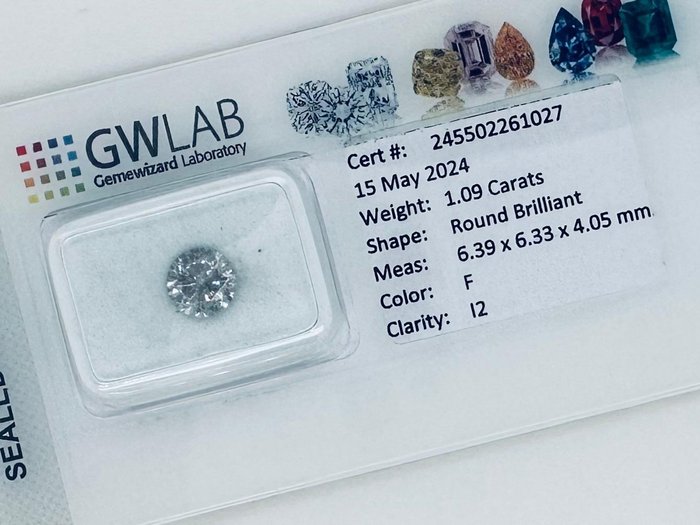 Ingen mindstepris - 1 pcs Diamant  (Natur)  - 109 ct - Rund - F - I2 - Gemewizard Gemological Laboratory (GWLab)