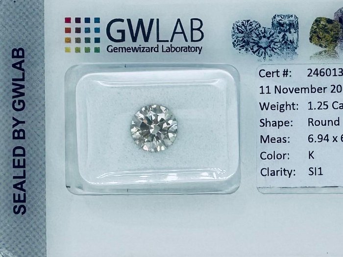 Ingen mindstepris - 1 pcs Diamant  (Natur)  - 1.25 ct - Rund - K - SI1 - Gemewizard Gemological Laboratory (GWLab)