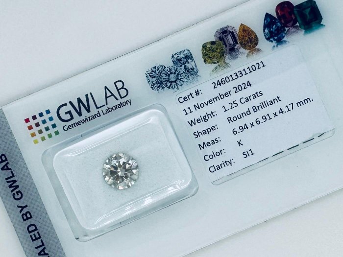 Ingen mindstepris - 1 pcs Diamant  (Natur)  - 1.25 ct - Rund - K - SI1 - Gemewizard Gemological Laboratory (GWLab)