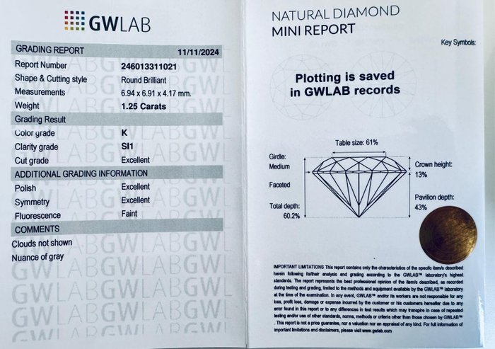 Ingen mindstepris - 1 pcs Diamant  (Natur)  - 1.25 ct - Rund - K - SI1 - Gemewizard Gemological Laboratory (GWLab)