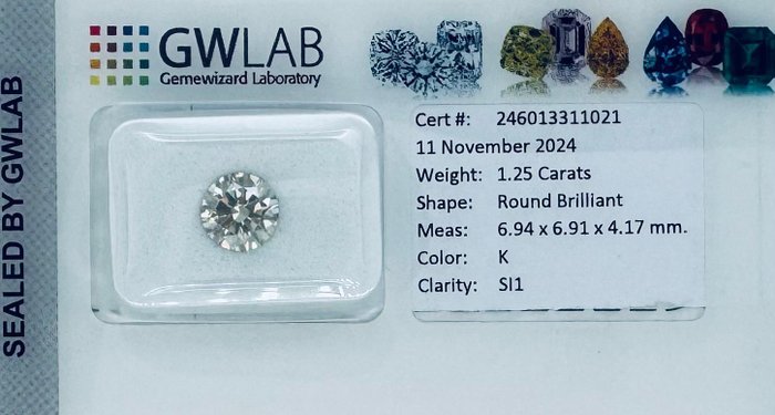 Ingen mindstepris - 1 pcs Diamant  (Natur)  - 1.25 ct - Rund - K - SI1 - Gemewizard Gemological Laboratory (GWLab)