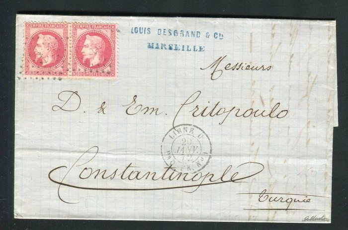 Frankrig 1872 - dobbelt portobrev fra Marseille til Konstantinopel med et par nr. 32