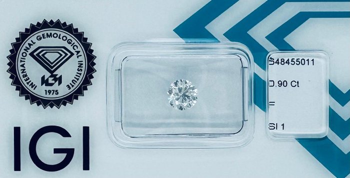 Ingen mindstepris - 1 pcs Diamant  (Natur)  - 0.90 ct - Rund - F - SI1 - International Gemological Institute (IGI)