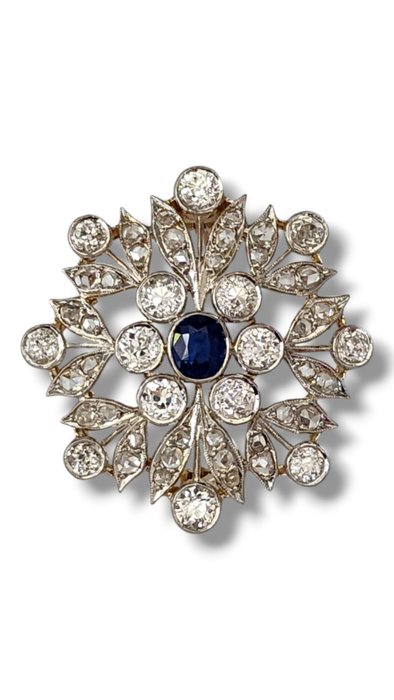 Broche - 18 kraat Hvidguld Smuk snefnug stil 18K hvid guld broche med diamanter og safir 60 karat! Diamant (Natur)  - Safir