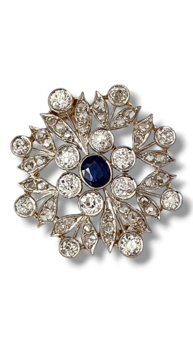 Broche - 18 kraat Hvidguld Smuk snefnug stil 18K hvid guld broche med diamanter og safir 60 karat! Diamant (Natur)  - Safir