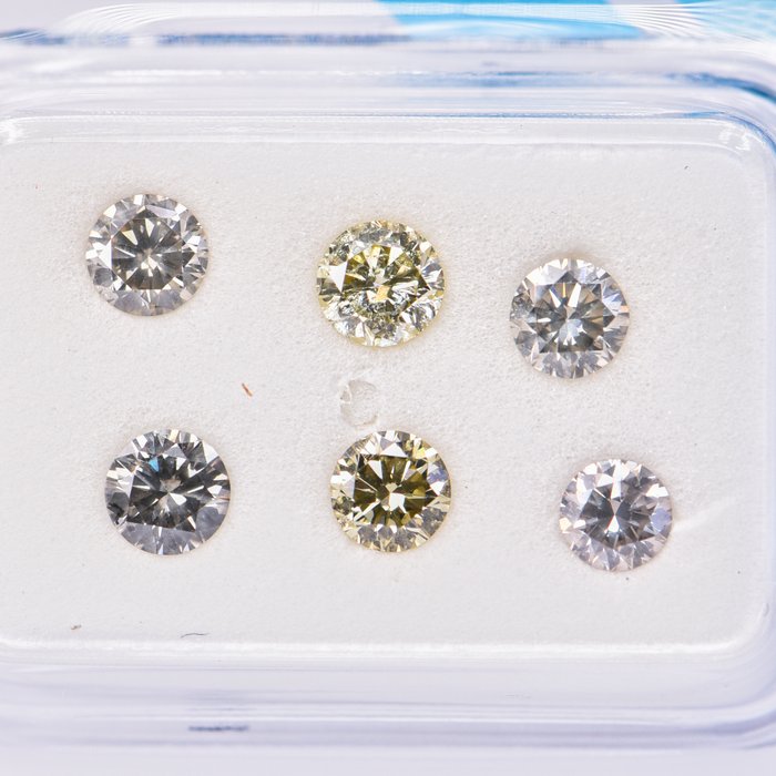 Ingen mindstepris - 6 pcs Diamant  (Naturfarvet)  - 1.09 ct - Rund - Fancy light Brunlig, Grønlig Grå - I1, SI2 - International Gemological Institute (IGI)