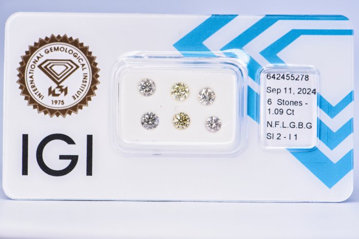 Ingen mindstepris - 6 pcs Diamant  (Naturfarvet)  - 1.09 ct - Rund - Fancy light Brunlig, Grønlig Grå - I1, SI2 - International Gemological Institute (IGI)