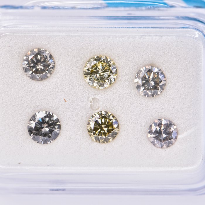 Ingen mindstepris - 6 pcs Diamant  (Naturfarvet)  - 1.09 ct - Rund - Fancy light Brunlig, Grønlig Grå - I1, SI2 - International Gemological Institute (IGI)