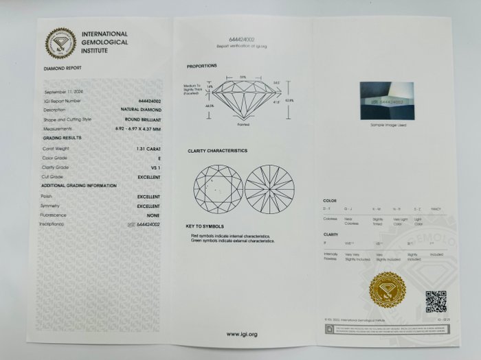 1 pcs Diamant  (Natur)  - 1.31 ct - Rund - E - VS1 - International Gemological Institute (IGI) - *3EX Ingen*