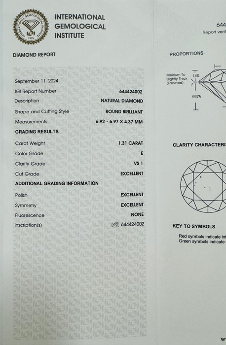 1 pcs Diamant  (Natur)  - 1.31 ct - Rund - E - VS1 - International Gemological Institute (IGI) - *3EX Ingen*