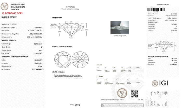 1 pcs Diamant  (Natur)  - 1.31 ct - Rund - E - VS1 - International Gemological Institute (IGI) - *3EX Ingen*