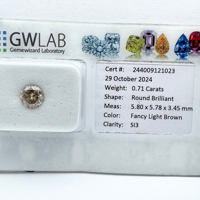 Ingen mindstepris - 1 pcs Diamant  (Naturfarvet)  - 0.71 ct - Rund - Fancy light Brun - SI3 - Gemewizard Gemological Laboratory (GWLab)