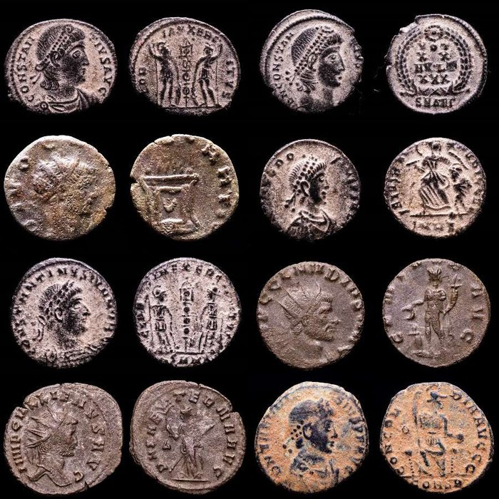 Romarriket. Lot comprising eight (8) AE coins:  Antoninianus, Follis, Maiorinas. Antoninianus, Follis, Maiorinas. Constantius II (2), Claudius II (2), Gallienus, Theodosius, Constantine II  Theodosius  (Ingen mindstepris)