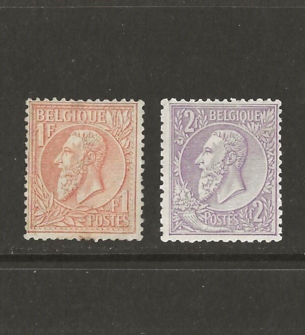 Belgien 1884/1886 - Leopold II 1F rødbrun på grøn og 2F violet på lyslilla (med kommentarer) - OBP/COB 51/52