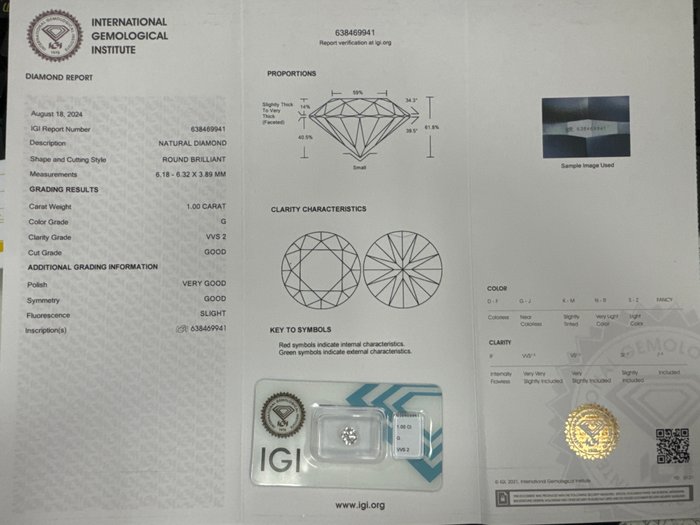 1 pcs Diamant  (Natur)  - 1.00 ct - G - VVS2 - International Gemological Institute (IGI) - 1,00 ct G vvs2 igi