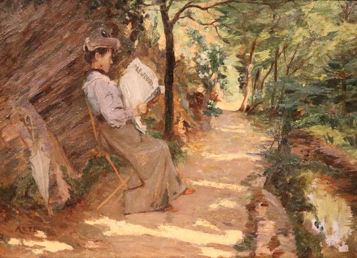 Jean-Louis Asté (1864 - 1943) - Impressionistisch parkzicht met dame