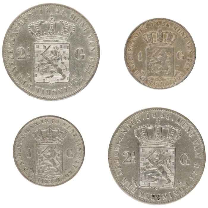 Holland. Willem III (1849-1890). 1 Gulden, 2½ Gulden 1854/1860 (4 stuks)  (Ingen mindstepris)