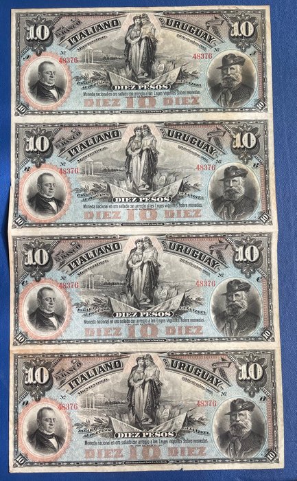 Uruguay. - 4 x  10 Pesos 1887 / Uncut sheet of 4 - Pick S-212r1  (Ingen mindstepris)