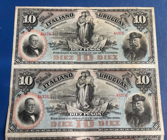 Uruguay. - 4 x  10 Pesos 1887 / Uncut sheet of 4 - Pick S-212r1  (Ingen mindstepris)