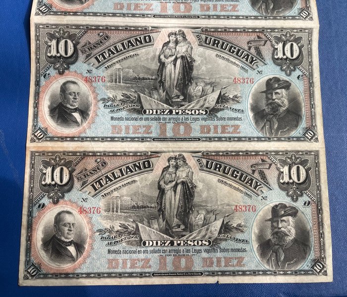 Uruguay. - 4 x  10 Pesos 1887 / Uncut sheet of 4 - Pick S-212r1  (Ingen mindstepris)