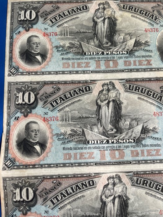 Uruguay. - 4 x  10 Pesos 1887 / Uncut sheet of 4 - Pick S-212r1  (Ingen mindstepris)