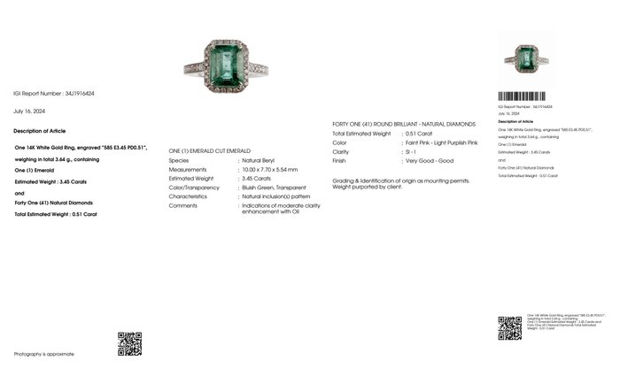 Ingen mindstepris - Ring - 14 karat Hvidguld -  3.96ct. tw. Smaragd - Diamant - IGI 3,45 ct blålig grøn