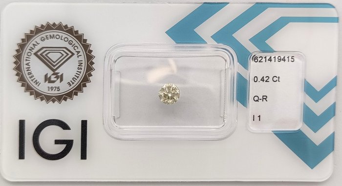 Ingen mindstepris - 1 pcs Diamant  (Natur)  - 0.42 ct - Rund - I1 - International Gemological Institute (IGI) - Q - R