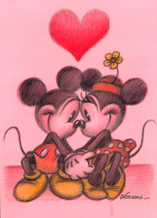 Joan Vizcarra - Mickey and Minnie Mouse In Love - Original Pencil Drawing - Hand Signed