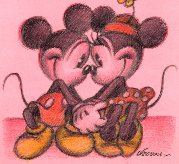 Joan Vizcarra - Mickey and Minnie Mouse In Love - Original Pencil Drawing - Hand Signed