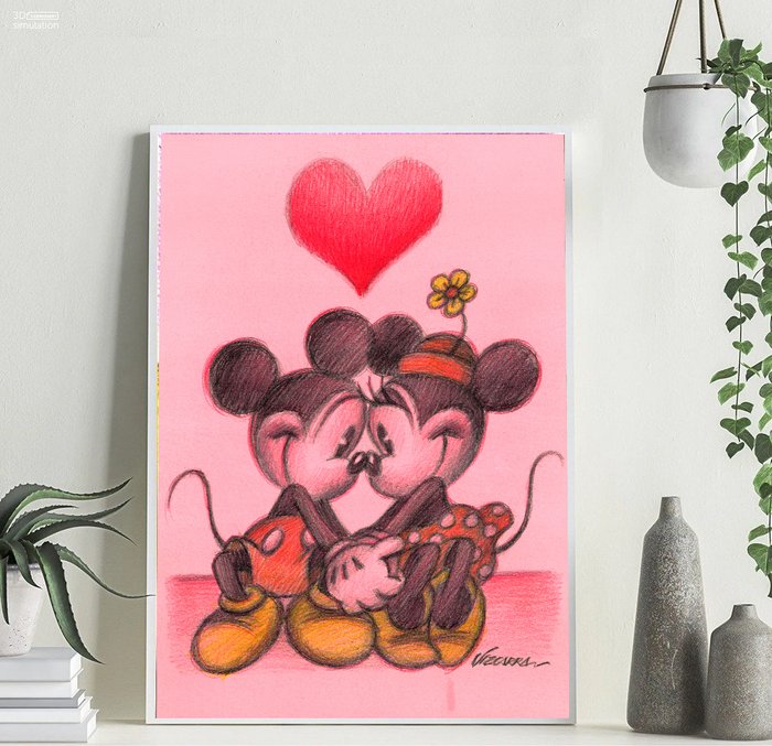 Joan Vizcarra - Mickey and Minnie Mouse In Love - Original Pencil Drawing - Hand Signed