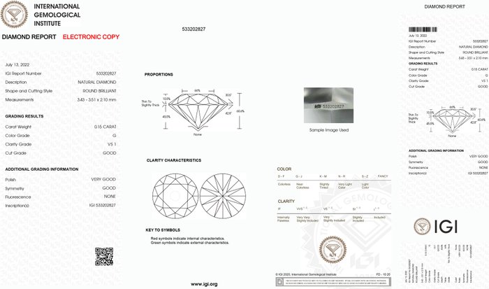 1 pcs Diamant  (Natur)  - 015 ct - Rund - G - VS1 - International Gemological Institute (IGI)