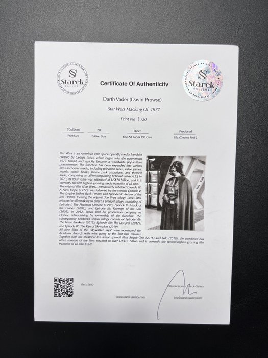 Star Wars, Darth Vader (David Prowse) - Art Photography - Luxury Wooden Framed 70X50 cm - Limited Edition Nr 05 of 20 - Serial ID 15690 - Original Certificate (COA), Hologram Logo Editor and QR Code - 100% New items.