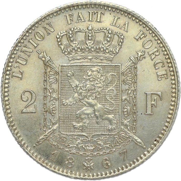 Belgien Leopold II (1865-1909) 2 Francs 1867 FR - engraver’s name without point - crown with cross - TOP QUALITY - MINT STATE