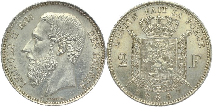 Belgien Leopold II (1865-1909) 2 Francs 1867 FR - engraver’s name without point - crown with cross - TOP QUALITY - MINT STATE