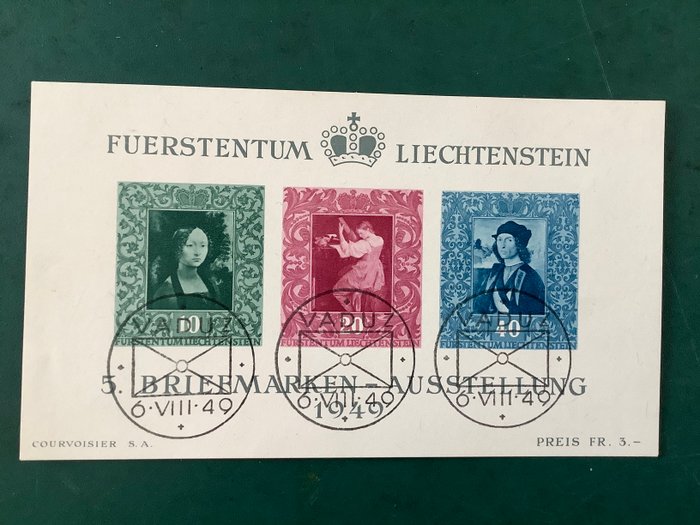 Liechtenstein 1949 - Frimærkeudstilling med førstedagsfrimærke 6/8/1949 - Michel blok 5