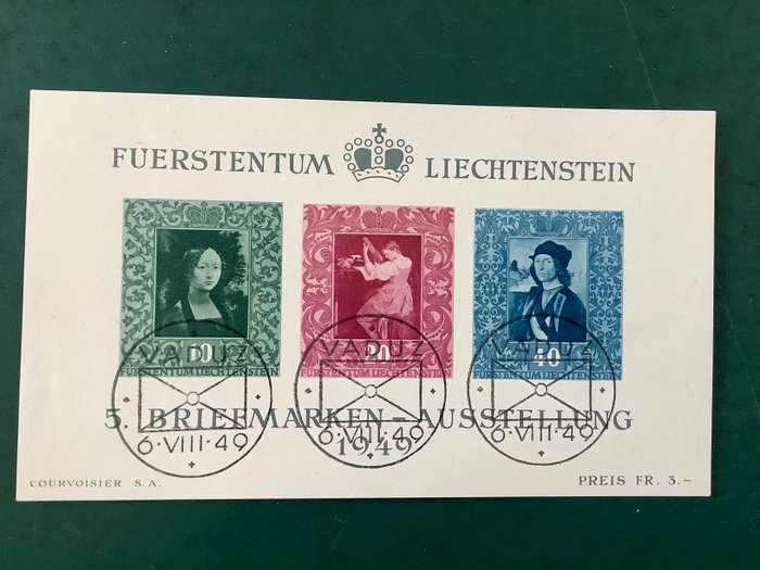 Liechtenstein 1949 - Frimærkeudstilling med førstedagsfrimærke 6/8/1949 - Michel blok 5