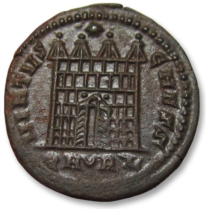 Romarriket Constantine II as Caesar Follis Arelate (Arles) mint circa 325-326 AD - mintmark QAᴗRL - rare variety WITH doors -