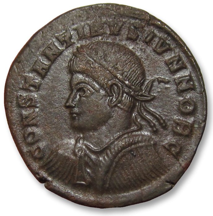 Romarriket Constantine II as Caesar Follis Arelate (Arles) mint circa 325-326 AD - mintmark QAᴗRL - rare variety WITH doors -