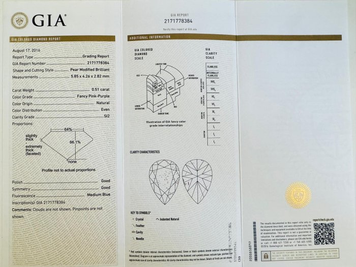 1 pcs Diamant  (Naturfarvet)  - 0.51 ct - Pære - Fancy Lilla, Lyserød - SI2 - Gemological Institute of America (GIA)