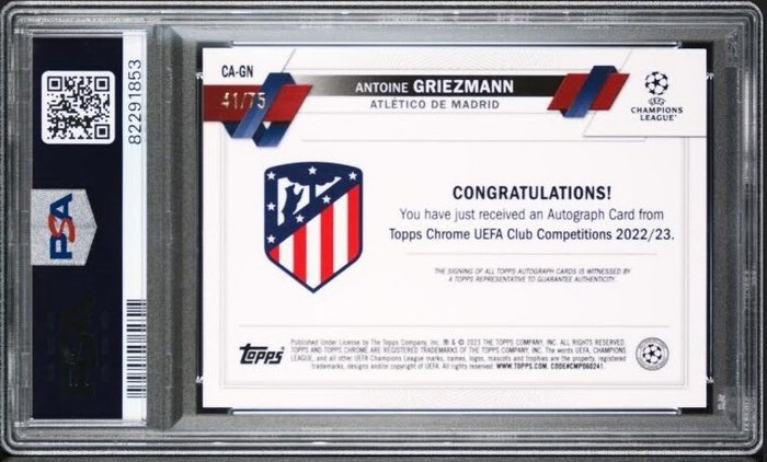 2022/23 Topps Chrome, UCC Antoine Griezmann BLUE WAVE REFRACTOR 41/75 PSA 10 - 1 Graded card