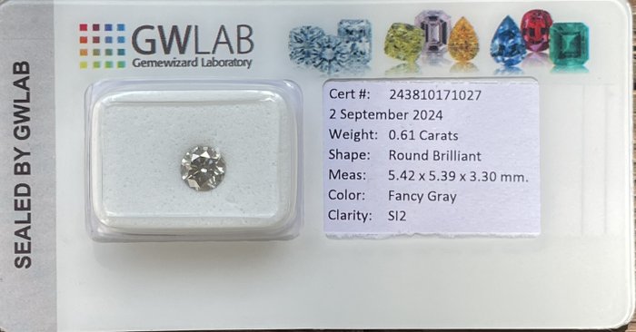 Ingen mindstepris - 1 pcs Diamant  (Natur)  - 061 ct - Rund - SI2 - Gemewizard Gemological Laboratory (GWLab) - Fancy grå