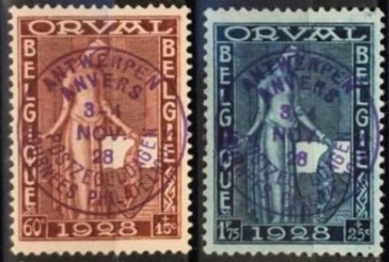 Belgien 1928 - Første Orval med påtryk Antwerpen Frimærkedage: 2 værdier (60c og 1,75F) - OBP / COB 266D/66E