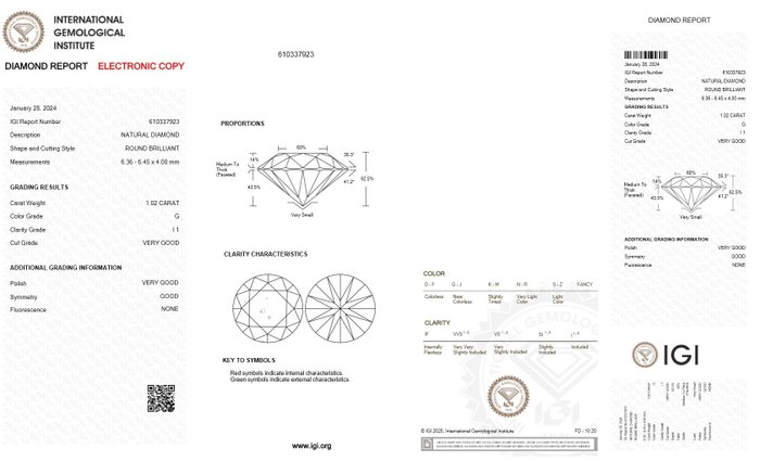 1 pcs Diamant  (Natur)  - 102 ct - Rund - G - I1 - International Gemological Institute (IGI)