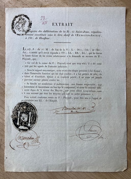 Bourdel - L'Etroite -Amitie, à l'O. de Honfleur (Franc Maconnerie France) - handwritten and signed document - 1811