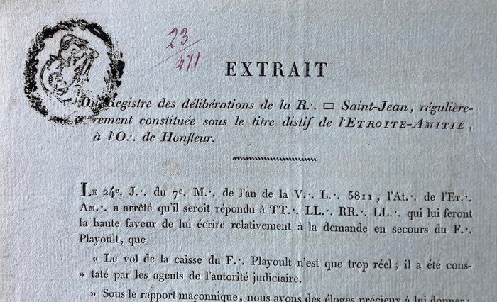 Bourdel - L'Etroite -Amitie, à l'O. de Honfleur (Franc Maconnerie France) - handwritten and signed document - 1811