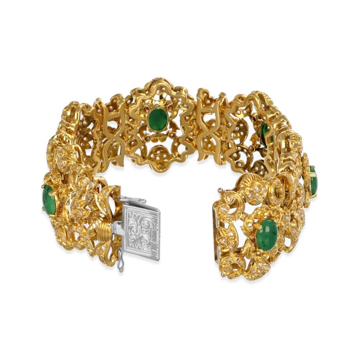 Armbånd - 18 kraat Gulguld -  7.50ct. tw. Jade - Diamant