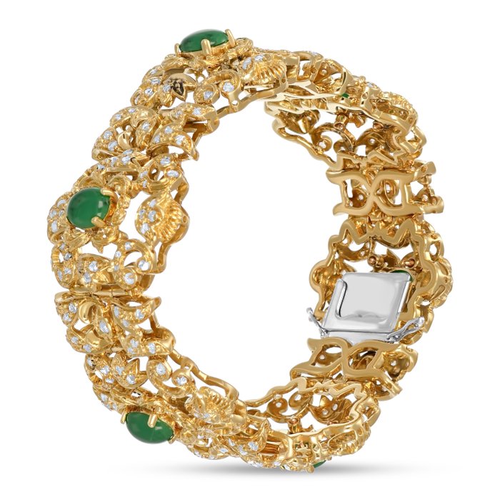 Armbånd - 18 kraat Gulguld -  7.50ct. tw. Jade - Diamant