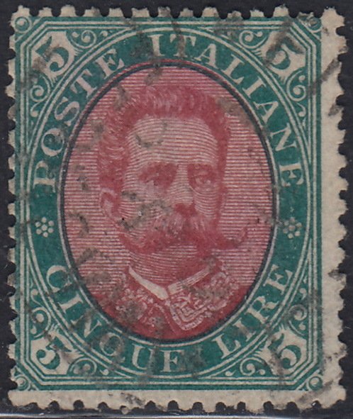 Italien Kongerige 1889 - 1889 - Umberto I L. 5 grøn og karmin brugt med original annullering - n. 49